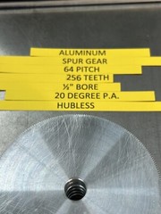 1 UNKNOWN ALUMINUM SPUR GEAR 64 PITCH 256 TEETH 1/2” BORE .200” FACE 20 DEG. PA