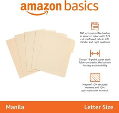 Amazon Basics File Folders 1/3 Cut Tabs Letter Size Manila 100 Pack