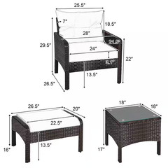 Brown 5-Piece Rattan Wicker Patio Conversation Ottoman Sofa Coffee Table Set wit