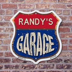 Randy’s Garage Shield Shaped Sign Weather Resistant Crafted in the USA