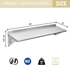 NEW Stainless Steel Wall Shelf 12×48 NSF Commercial Floating Shelf 280lb