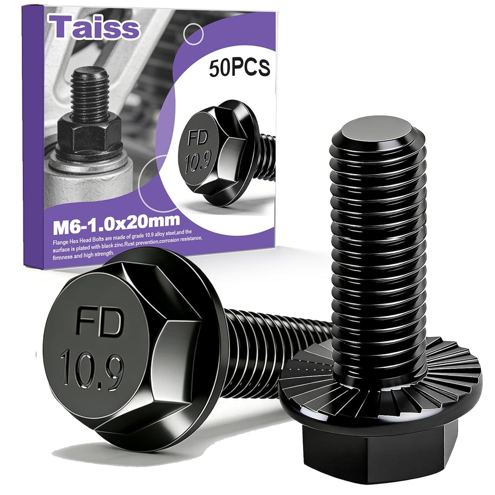 50PCS M6-1.0 X 20Mm Metric Flange Hex Head Bolts,Hex Drive Screws 10.9 Black Zin