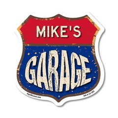 Mike’s Garage Shield Shaped Sign Weather Resistant Crafted in the USA