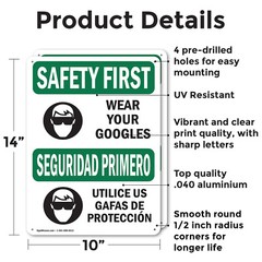 (2 Pack) Wear Your Goggles Bilingual OSHA Safety First Sign Decal Metal Plastic