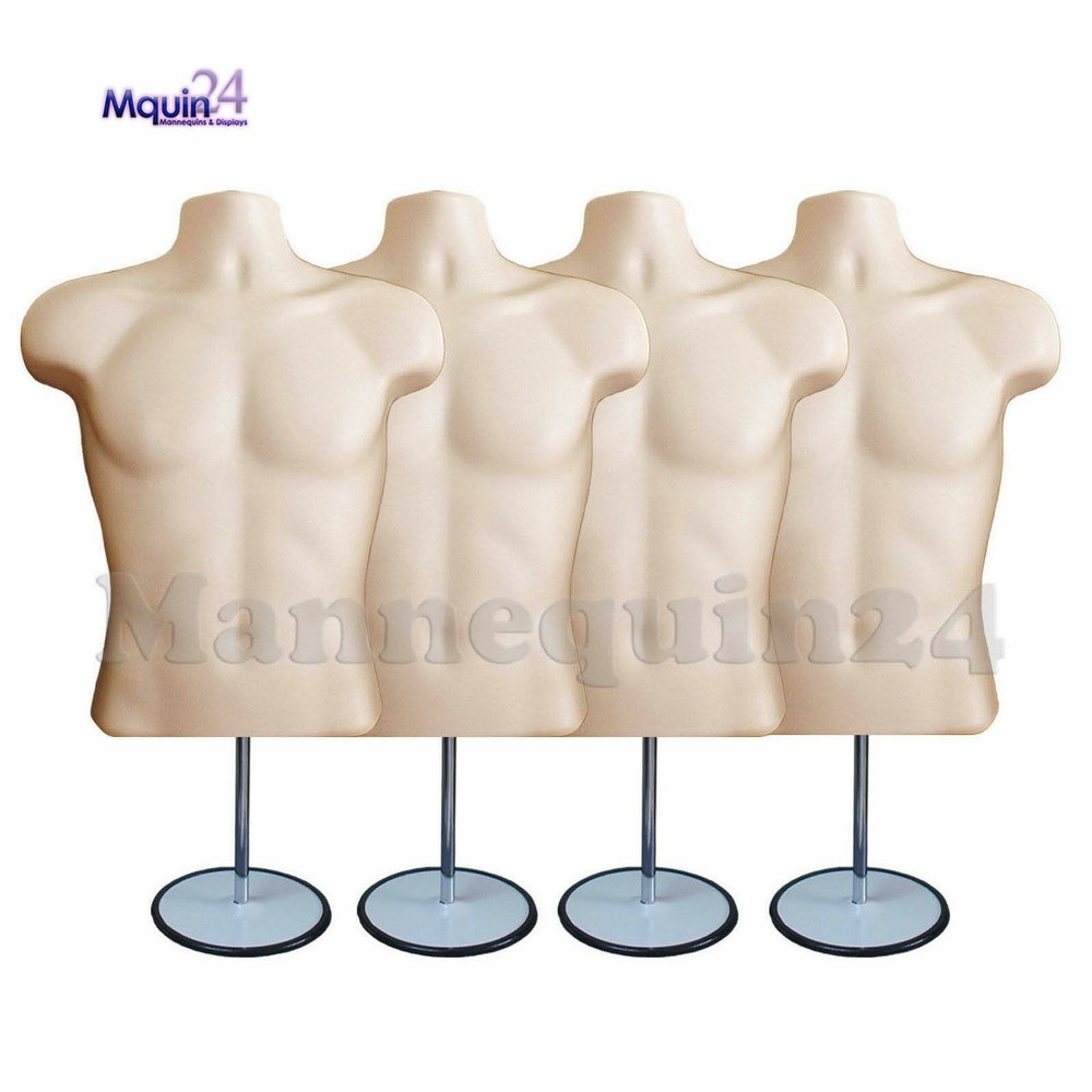 4 pack Male Torso Mannequin Forms FLESH w/4 Stands +4 Hanging Hooks Men Clothing