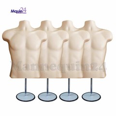 4 pack Male Torso Mannequin Forms FLESH w/4 Stands +4 Hanging Hooks Men Clothing