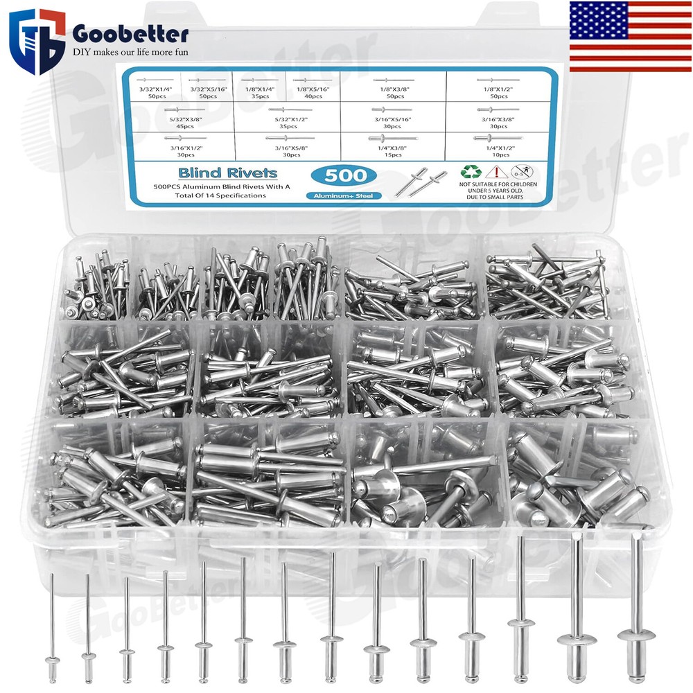 500pcs Pop Rivets Assortment Kit Aluminum Blind Rivets 14 Sizes Blind Rivet Set