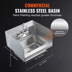 VEVOR Wall Mount Hand Wash Sink 17″x 15″ Stainless Steel w/ Faucet & Splash NSF