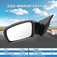 Left Driver Side View Mirror Black Compatible with 2011-2014 Hyundai Sonata Heat