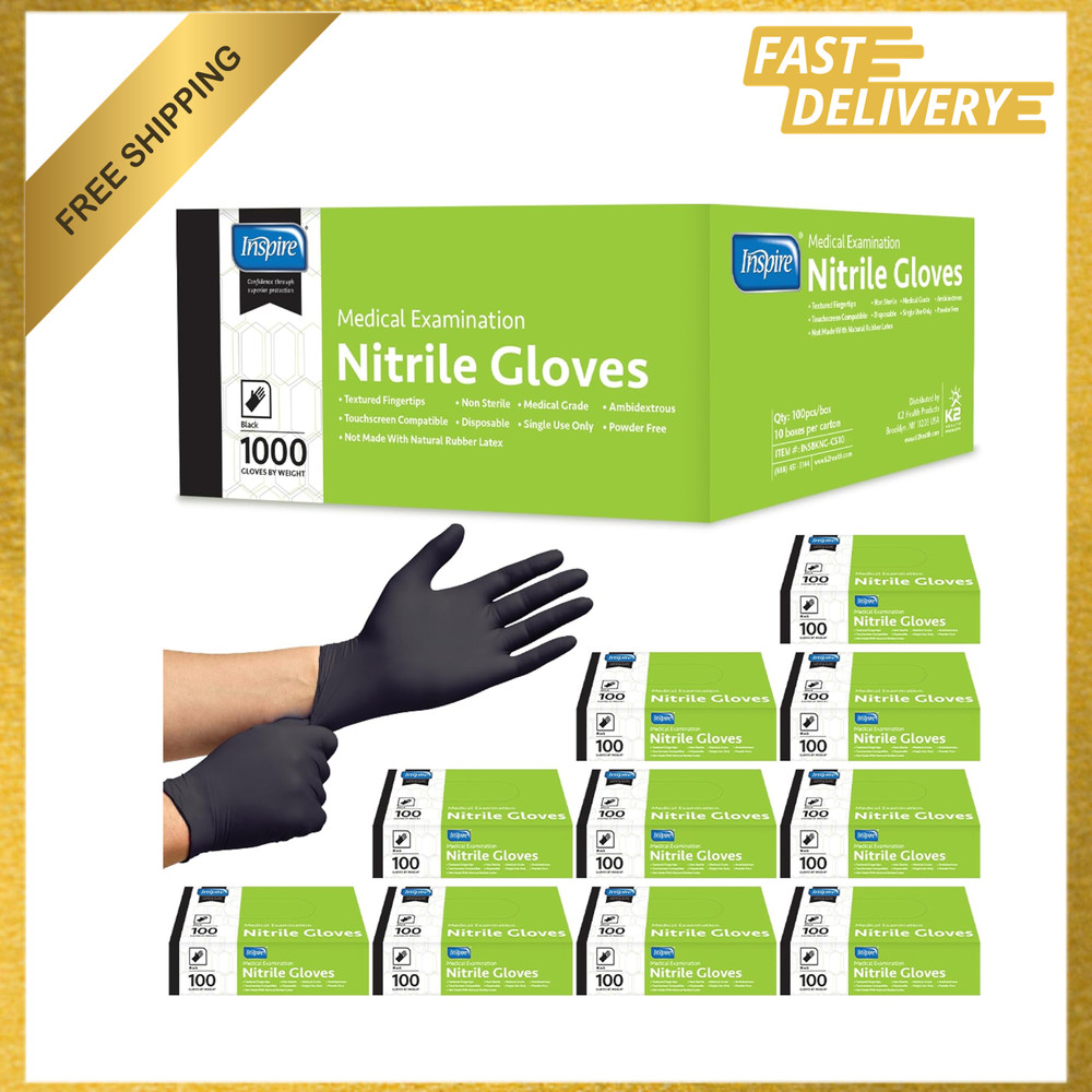 Black Nitrile Disposable Gloves, Medical Exam Grade, Powder Free, Puncture