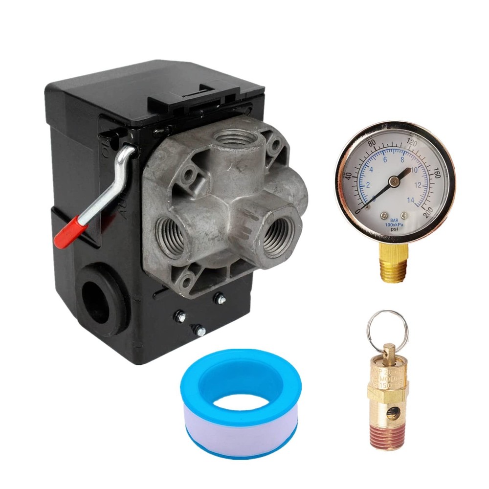 Pressure Switch Air Compressor 145-175 Psi 4 Port 26AMP w/0-200 psi Gauge & 200