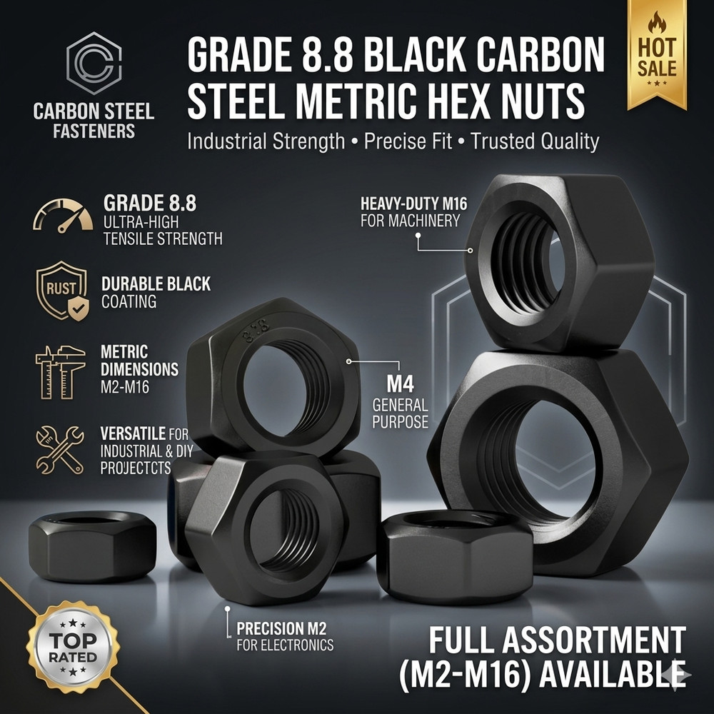 M2–M16 Hex Nuts Grade 8.8 Black Carbon Steel Metric Hexagon Nuts High Strength