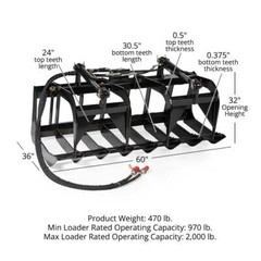 Titan Attachments 60in Economy Skid Steer Root Grapple Bucket Attachment