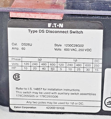 NEW – Eaton DS26U Type DS Disconnect Switch Non-Fusible 60A 3P 600V AC – 250V DC