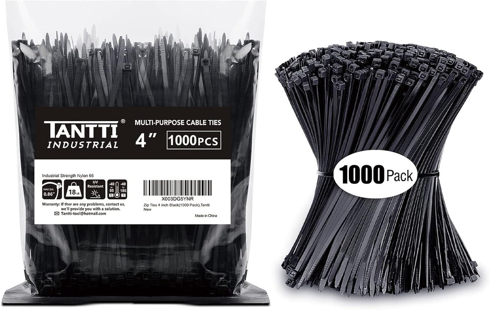 Zip Ties 4 Inch, Small Zip Ties with 18 Lb Tensile Strength, Black, 1000 Pack, b