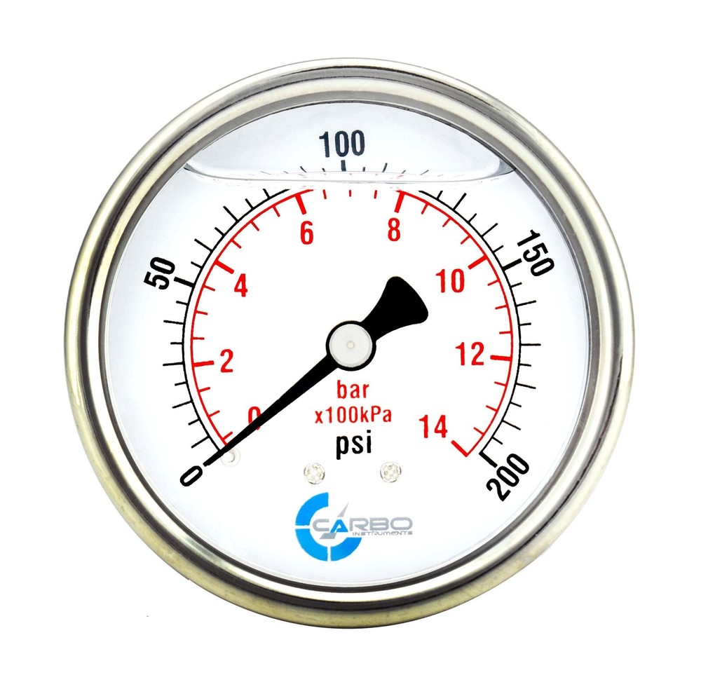 2-1/2″ Pressure Gauge, Stainless Steel Case, Liquid Filled, Back Mnt 0-200 PSI