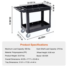 Uimoso Utility Service Cart Rolling Cart 2 Shelf 550LBS with 360° Swivel Wheels