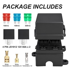 12V 6 Way Fuse Relay Box, 2 Relays and 6 ATC/ATO Blade Fuses, 4-Pin 80A Relay Bl