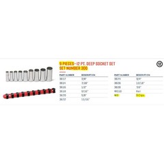 Wright Tool 300 3/8″ Drive Deep 12-Point Socket Set, 9-Pieces on Clip Rail