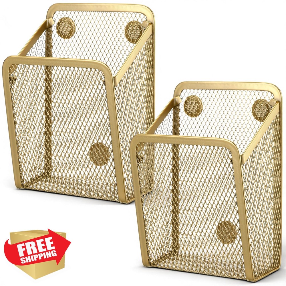 Fuutreo 2pc Large Magnetic Pencil Holder Mesh Pen Cup Gold Whiteboard