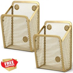 Fuutreo 2pc Large Magnetic Pencil Holder Mesh Pen Cup Gold Whiteboard