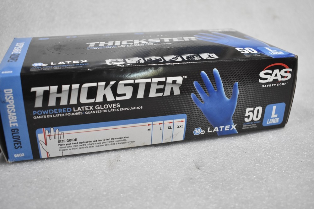 SAS SAFETY THICKSTER 14mil LARGE POWDERED LATEX DISPOSABLE GLOVES (LOT OF 1 BOX)