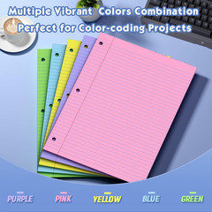 100 Sheets Colored 8X10.5 Inch Loose Leaf Paper, 5 Colored College Ruled 3 Hole