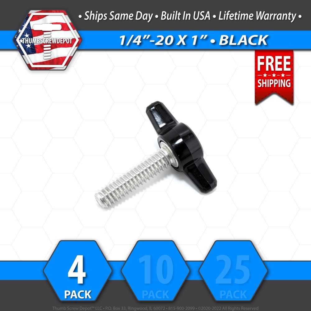1/4″-20 x 1″ Thumb Screw Stainless Steel – Black Tee / Wing Knob – USA