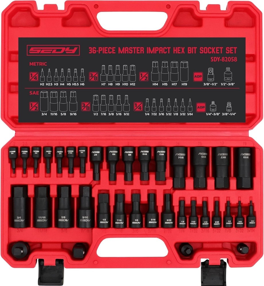 Hex Bit Impact Socket Set: 36-Piece with 4 Adapters, 1/4″ One Size, Black