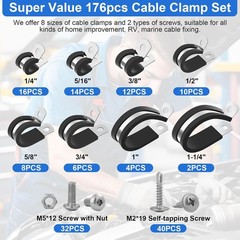176Pcs Cable Clamps Set with 72Pcs Screws, 8 Sizes Rubber Insulated Pipe Clamp
