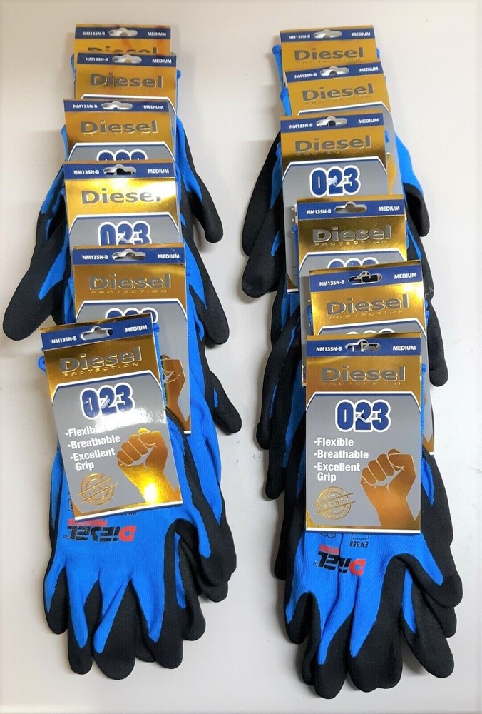 12 Pair Diesel BLUE Safety Gloves Latex Coated Grip