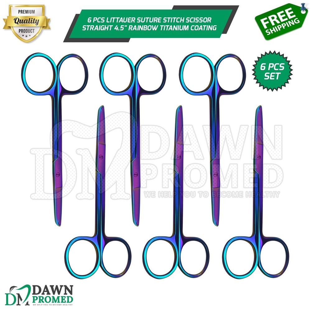 6 Pcs Littauer Suture Stitch Scissor Straight 4.5″ Rainbow Titanium Coating
