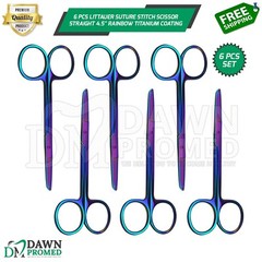 6 Pcs Littauer Suture Stitch Scissor Straight 4.5″ Rainbow Titanium Coating