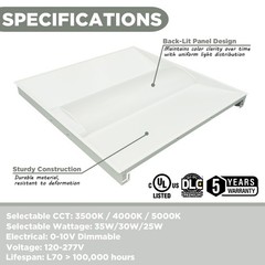 4 Packs 2×2 LED Troffer Light, 35/30/25W Selectable, 3500K/4000K/5000K CCT,