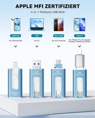 USB Flash Drive 256GB for iPhone, MFi Certified 4-in-1 Memory Stick for iPho…