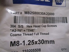 M8-1.25 x 30mm DIN 933 A2-70 Stainless Steel Hex Cap Screw QTY 25