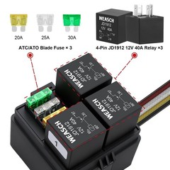 12V 3 Way Pre-Wired Fuse Relay Box, 3 Relays and 3 ATC/ATO Blade Fuses, 4-Pin…
