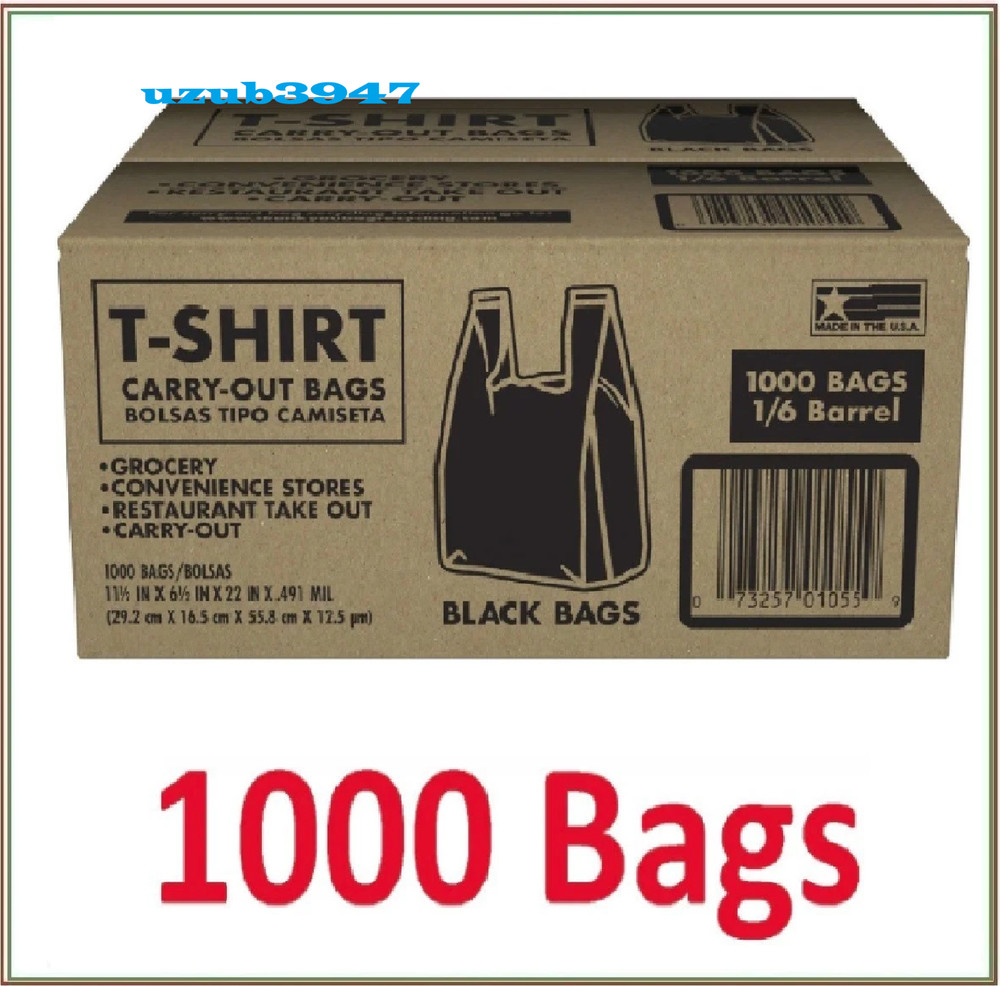 1000 Bags 1/6 Black (21 x 6.5 x 11.5) T-Shirt Plastic Grocery Shopping Bag NEW