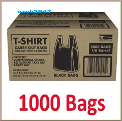 1000 Bags 1/6 Black (21 x 6.5 x 11.5) T-Shirt Plastic Grocery Shopping Bag NEW