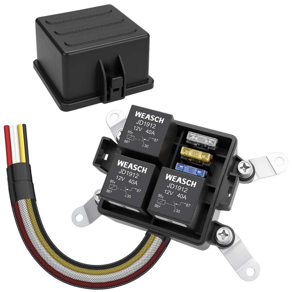 12V Automotive Relay Box 3 Way Relay Fuse Box, with 12 AWG Pre-Wired Universal