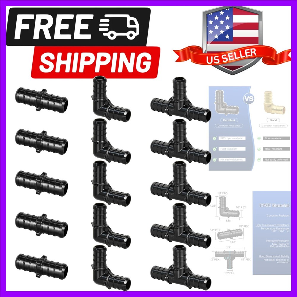1/2″ Poly PPSU Barb Crimp PEX Fitting, 15pcs PEX Fitting Combo, Elbows Tees S…