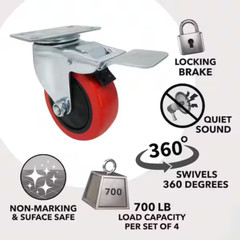 4-PK 3” EVERBILT Red Polyurethane Steel Swivel Plate Locking Wheel 175 lb. load
