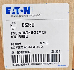 NEW – Eaton DS26U Type DS Disconnect Switch Non-Fusible 60A 3P 600V AC – 250V DC
