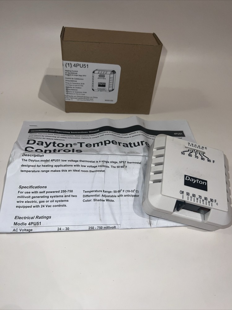Dayton 4PU51 Low Voltage Thermostat, Hardwired, 24Vac. New & Free Shipping