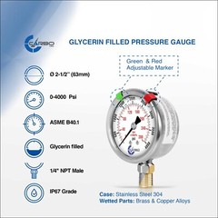 2-1/2″ Pressure Gauge, Stainless Steel Case, Liquid Filled, Lower Mnt 4000 PSI
