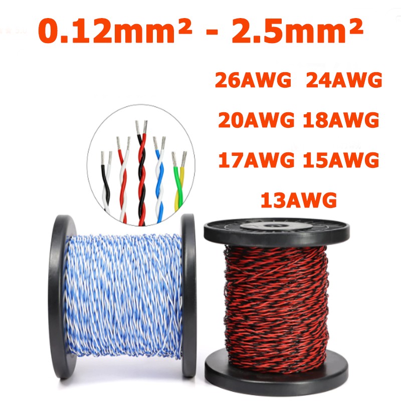 0.12mm²-2.5mm² PTFE Hi-temp Wire Twisted Pairs 2-core Cable Wire Multiple Colors