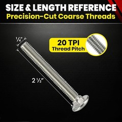 304 Stainless Steel 1/4-20 x 2-1/2 Carriage Bolts – 100K PSI Strength, 50 Pieces