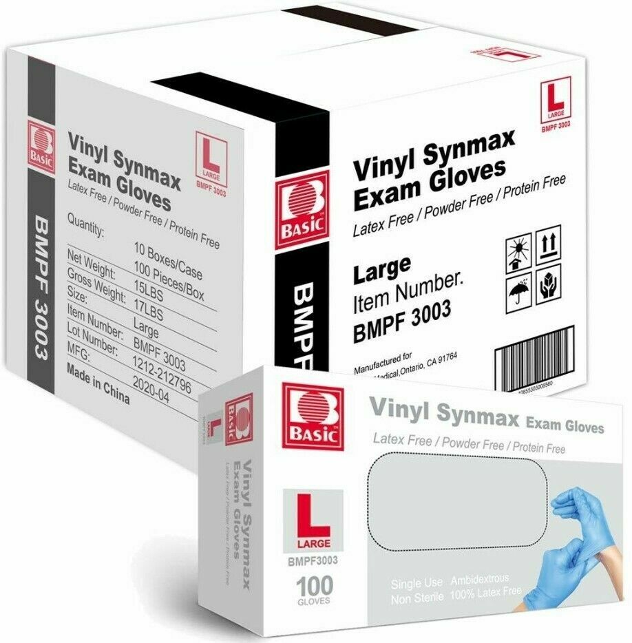 1000Pcs Disposable Synmax Vinyl Exam Gloves Latex-Free & Powder-Free -LARGE