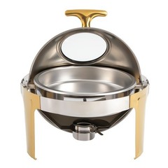 Roll Top Chafing Dish Buffet Set Gold Accent 6.3 Quart Round Stainless Steel