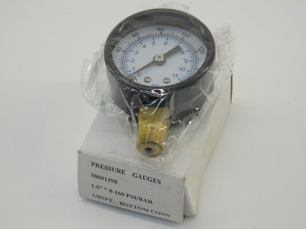Pressure Gauge, 0-160PSI, 1-1/2″ Face, 1/8″ NPT Bottom Connection – NEW Surplus!